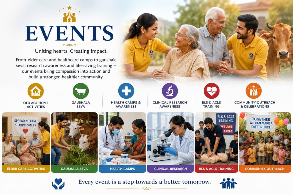 Events: Uniting hearts. Creating impact. Elder care activities, Gaushala seva, Health camps & awareness, Clinical research awareness, BLS & ACLS training, Community outreach & celebrations.