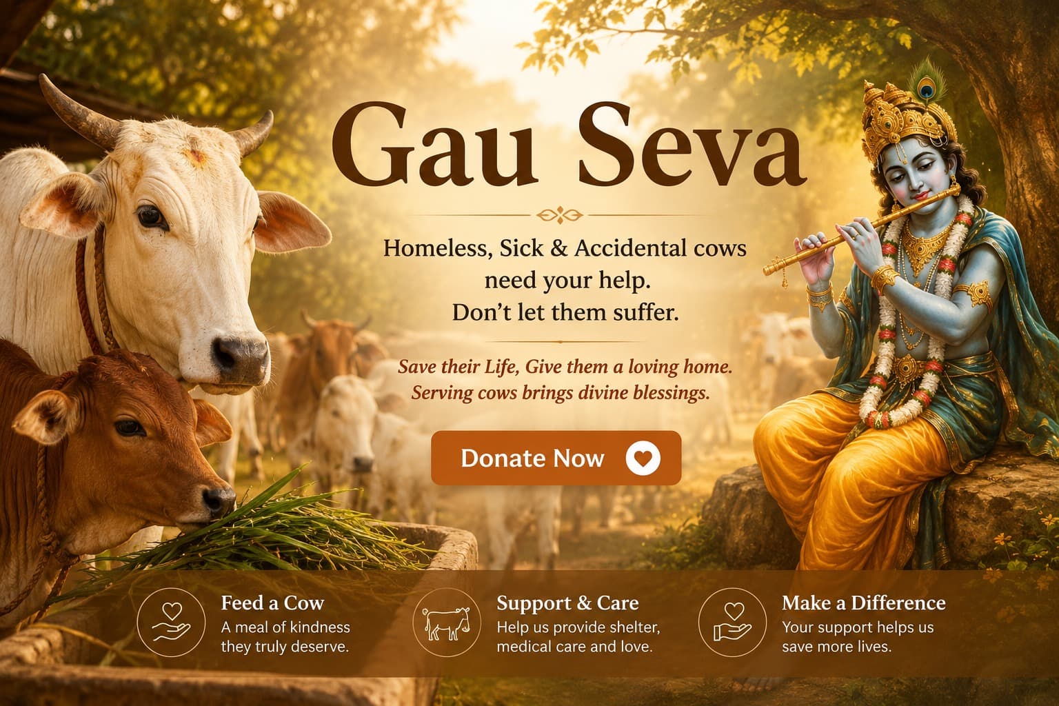 Gau Seva illustration of cows and Krishna playing the flute